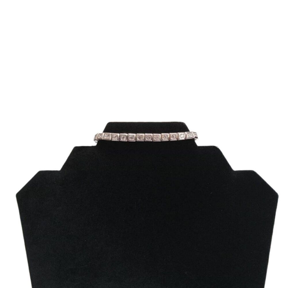 Silver Tone Metal Elasticized Rhinestone Square Links Signed NM Stretch Bracelet